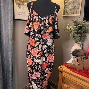 RACHEL Rachel Roy Cold Shoulder Floral Midi Dress in Black and Pink